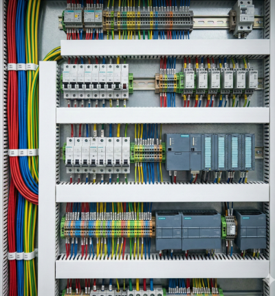 Painel de automação industrial montado com precisão, exemplificando a qualidade de projetos desenvolvidos com a tecnologia WSCAD Brasil.